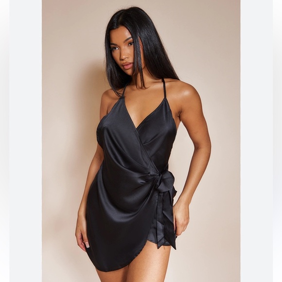 PrettyLittleThing Dresses & Skirts - prettylittlething black satun halterneck wrap bodycon dress